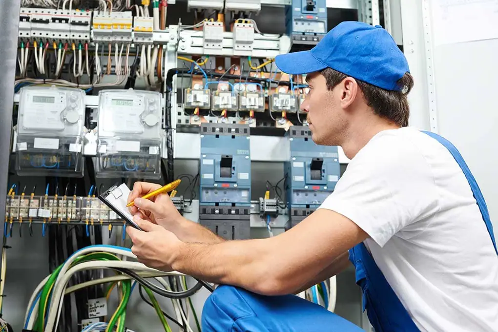 Técnico con gorra anotando datos en un portapapeles junto a contadores e interruptores de un cuadro eléctrico
