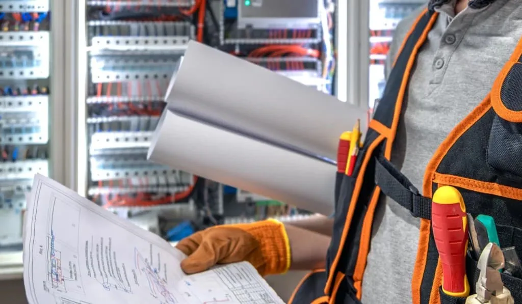 Profesional con chaleco portaherramientas y guantes sosteniendo planos enrollados frente a un cuadro eléctrico abierto
