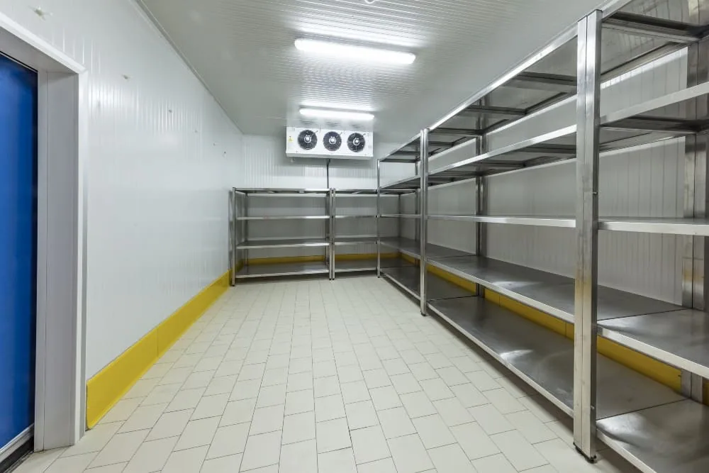 Cámara frigorífica vacía con estanterías de acero inoxidable, suelo de baldosa y evaporador de tres ventiladores