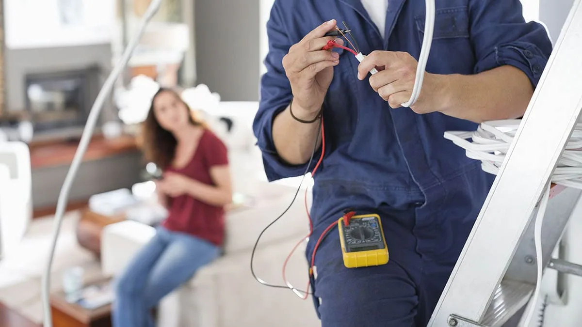 Operario con polímetro a la cintura preparando cables en un salón mientras una mujer espera al fondo
