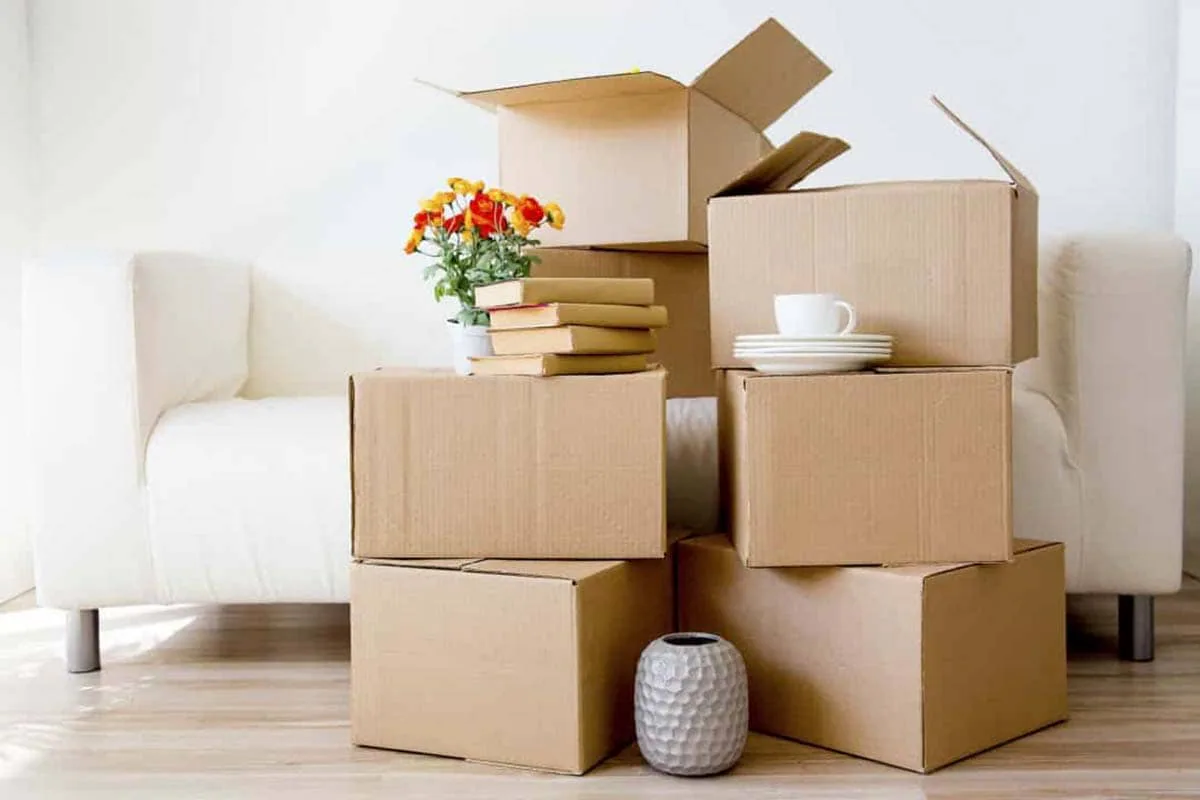 Cajas de cartón apiladas junto a un sofá blanco con libros, vajilla y un jarrón de flores