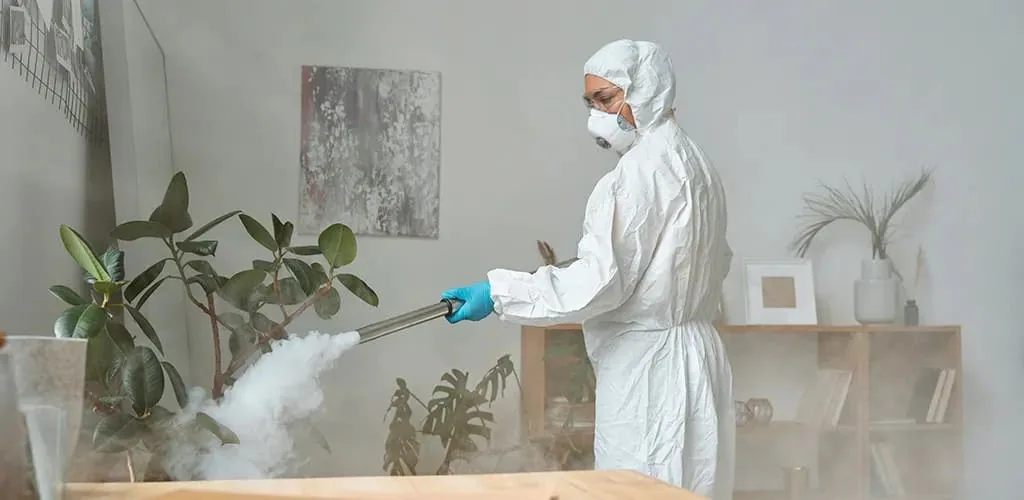 Profesional con mono blanco, gafas y mascarilla aplicando niebla con una lanza en un salón con plantas