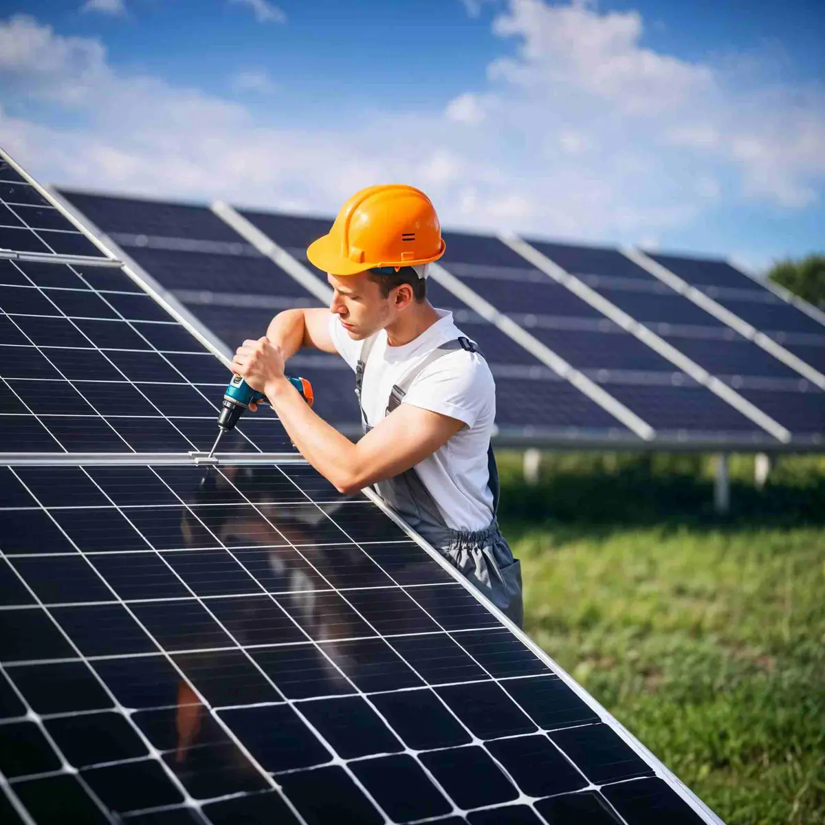 Técnico con casco fijando con atornillador la grapa entre dos módulos fotovoltaicos junto a otras filas de placas
