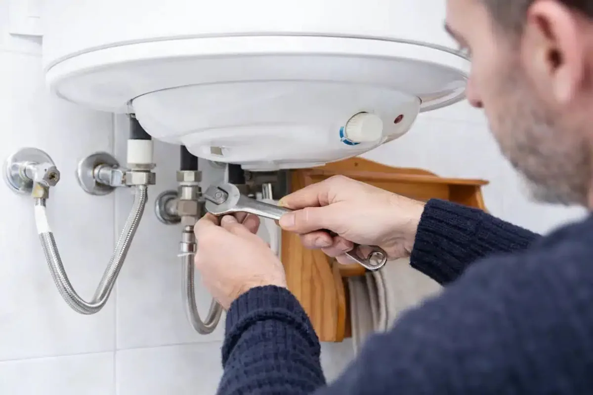 Manos apretando con una llave combinada la tuerca de una tubería flexible bajo un termo eléctrico